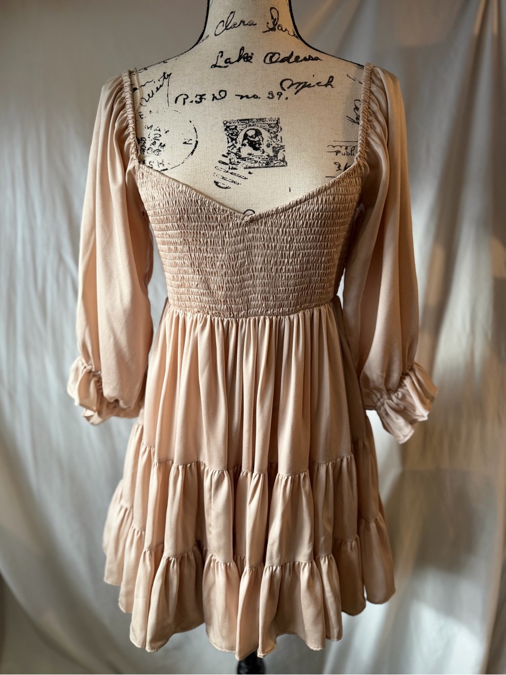 Smocked Bodice Tiered Mini Dress in Beige
